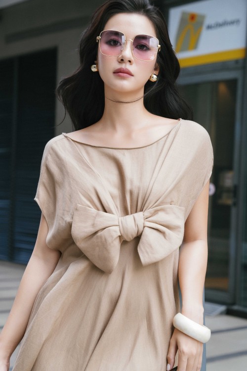 Sixdo Light Brown Bowtie Linen Loose Dress
